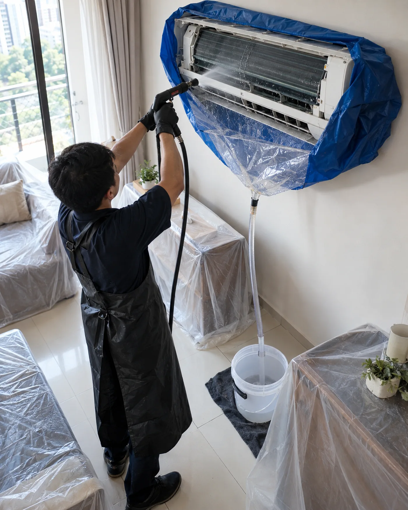 Technician deep-cleaning a split AC indoor unit in a protected room