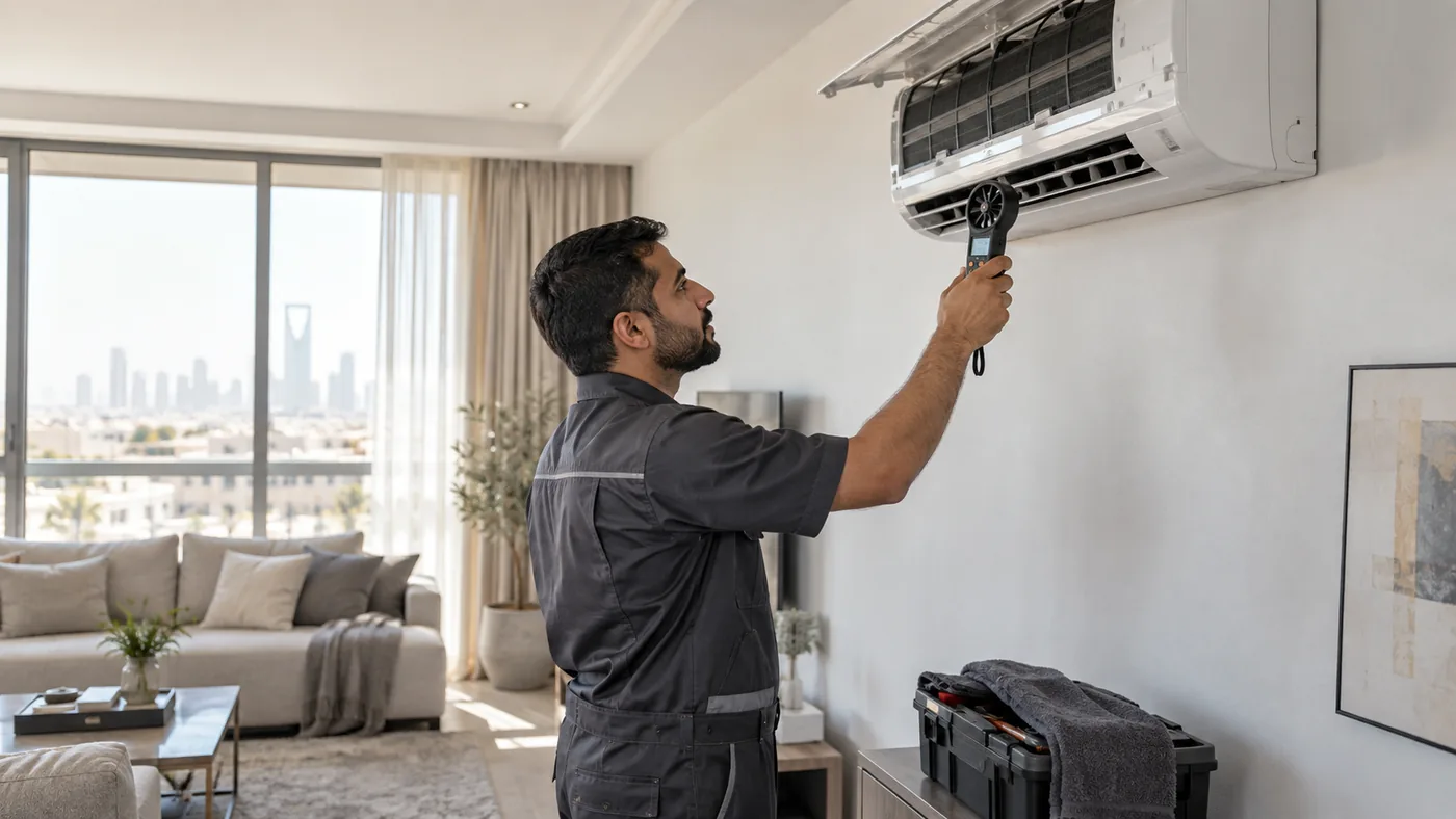 AC technician measuring airflow during preventive maintenance in a Riyadh home
