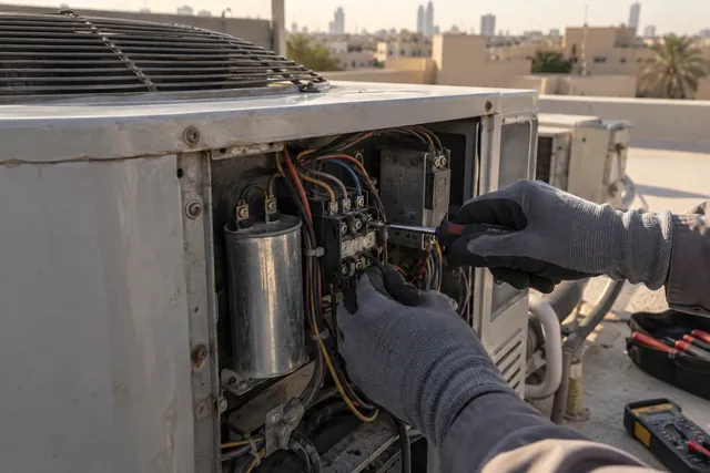 Technician diagnosing an outdoor AC unit in Riyadh