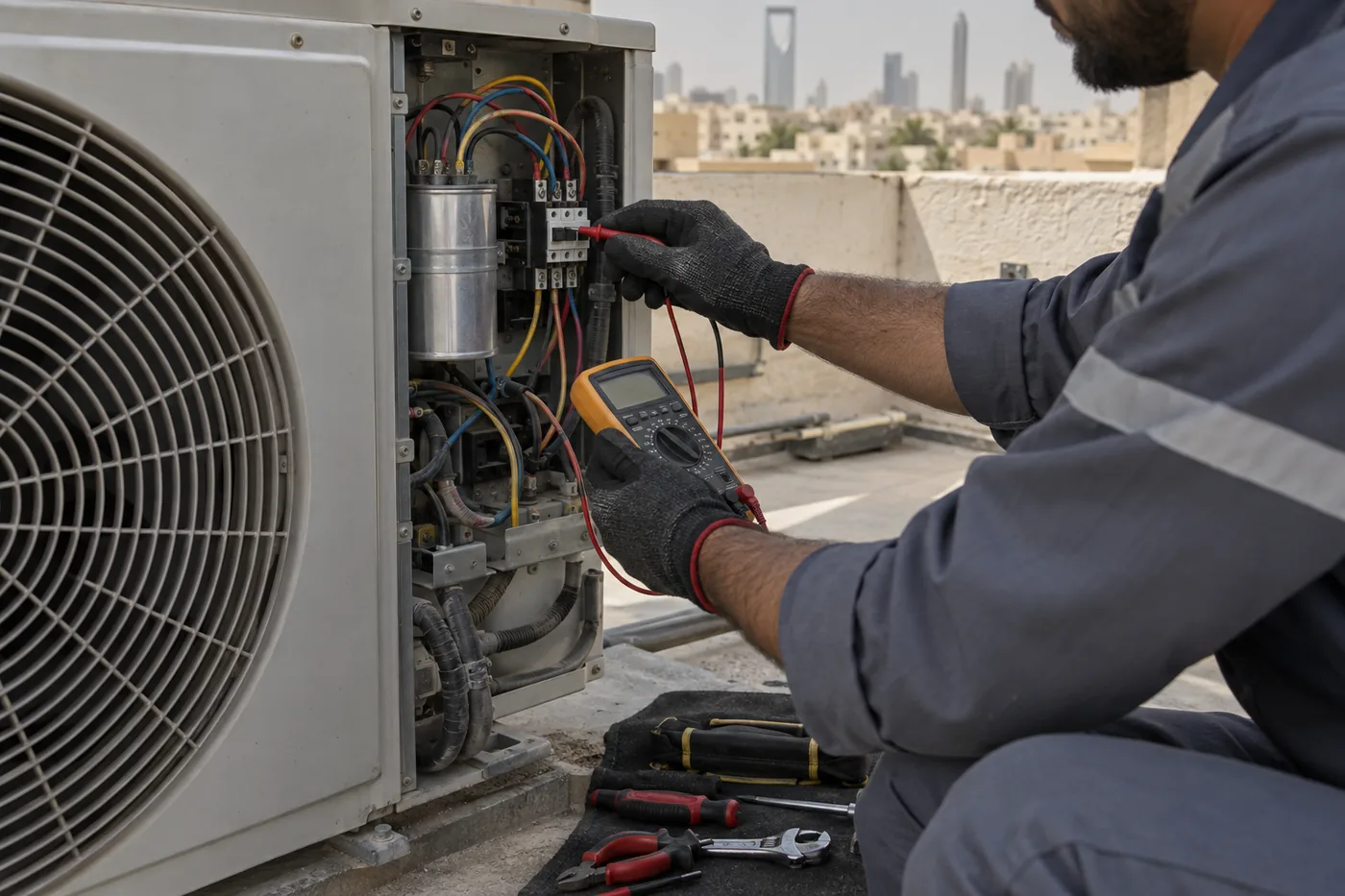 Technician diagnosing an outdoor AC condenser in Riyadh