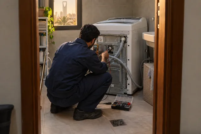Washing machine repair technician inspecting internal components