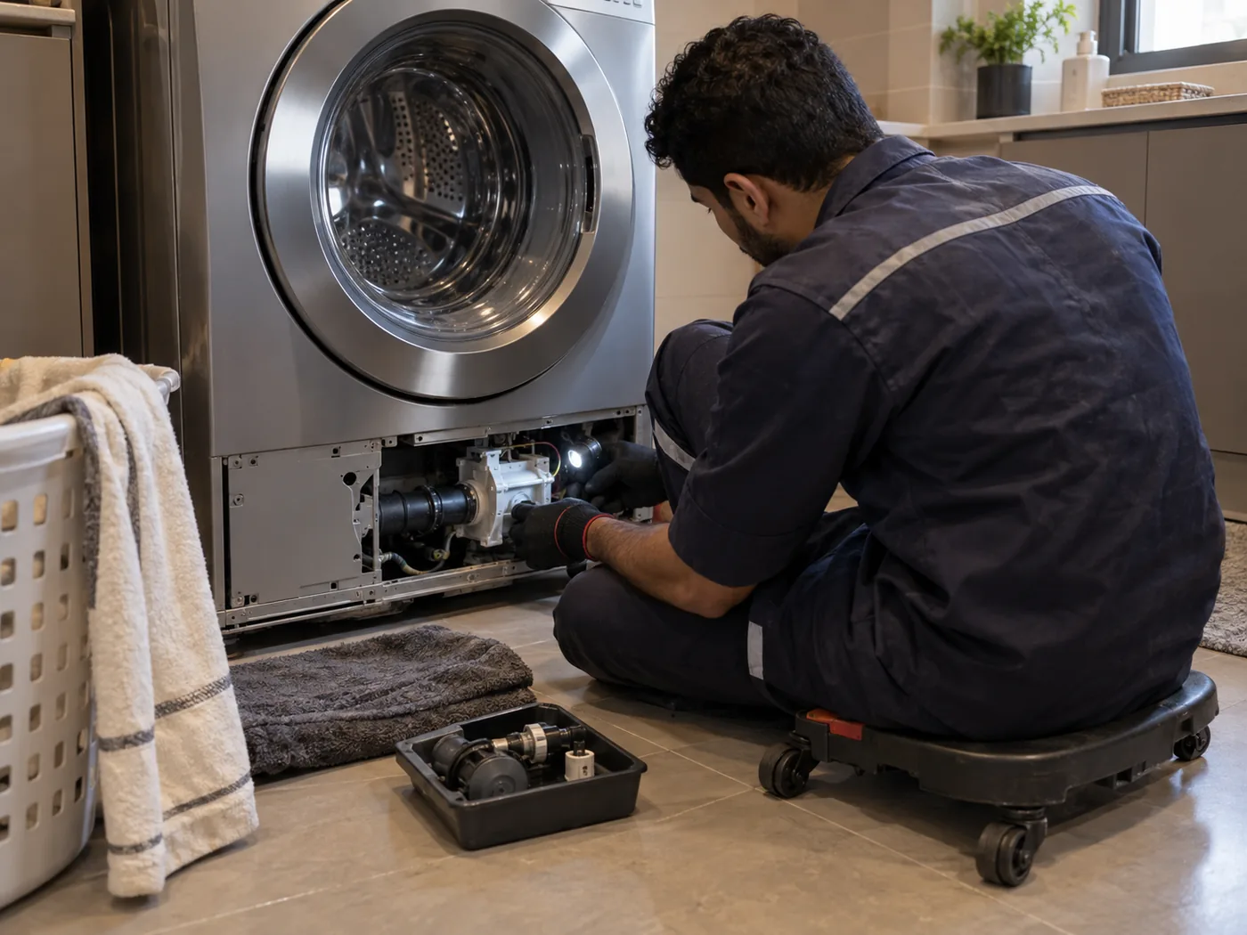 Technician inspecting a front-load washing machine pump